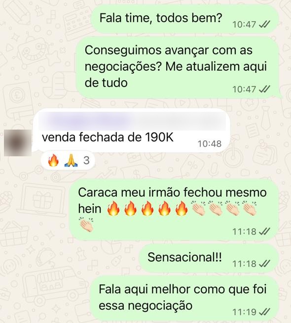 Print de WhatsApp: venda fechada de 190K