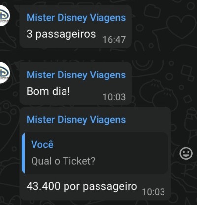 Print de WhatsApp: 3 passageiros, ticket de 43.400 por passageiro