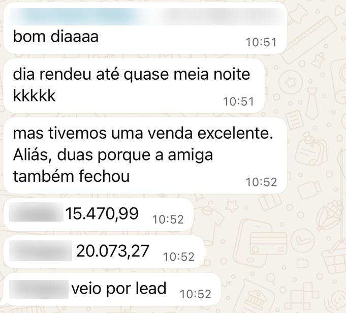 Print de WhatsApp: duas vendas no mesmo dia, de 15.470,99 e 20.073,27